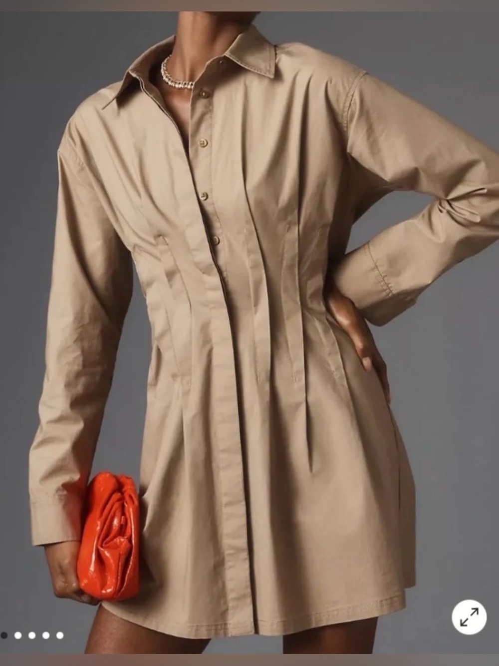 PILCRO anthropologie Khaki Button Front Long Sleeve Pintuck Mini Shirt Dress S